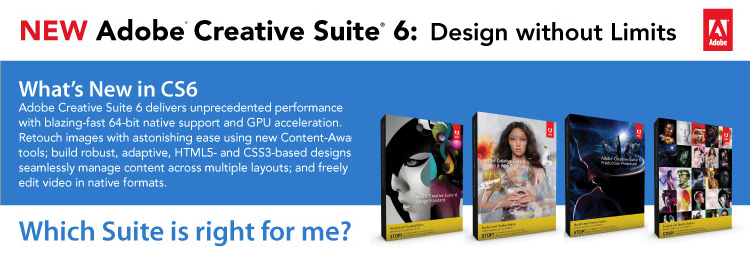 Adobe Creative Suite 6 delivers unprecedented performance and blazing-fast 64-bit native support and GPU acceleration. Retouch images with astonishing ease using new Content-aware tools; build robust, adaptive HTML5 and CSS3-based designs, and seamlessly manage content across multiple layouts; and freely edit video in native formats.